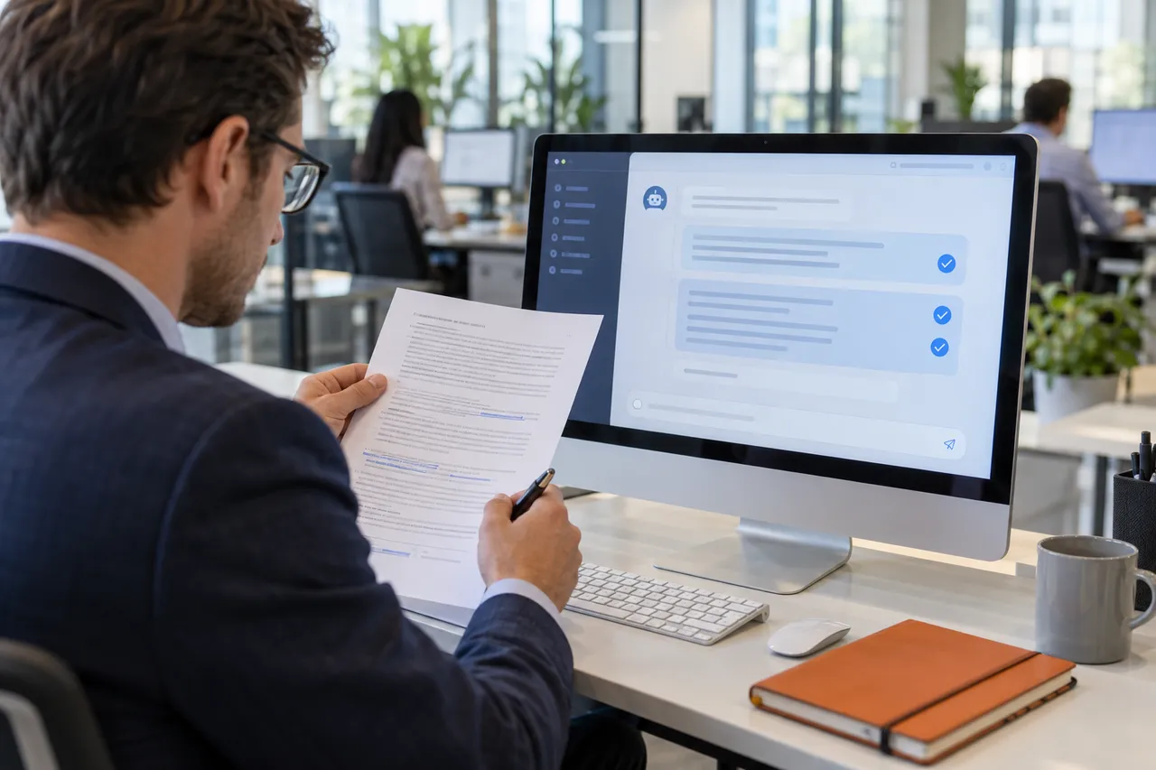 Revisione di un documento con un assistente IA in ufficio