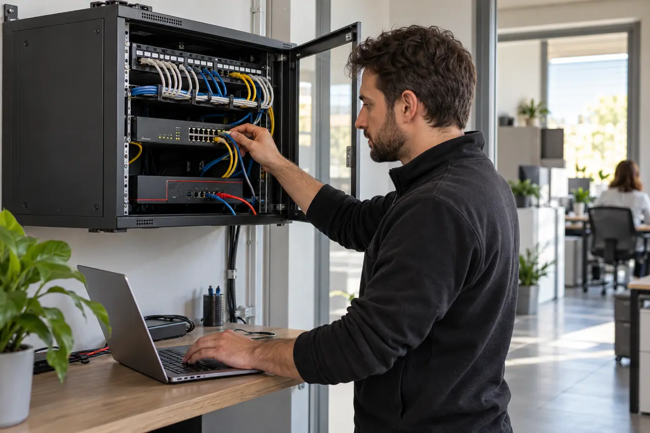 Tecnico che configura switch e cablaggi in un piccolo armadio di rete aziendale