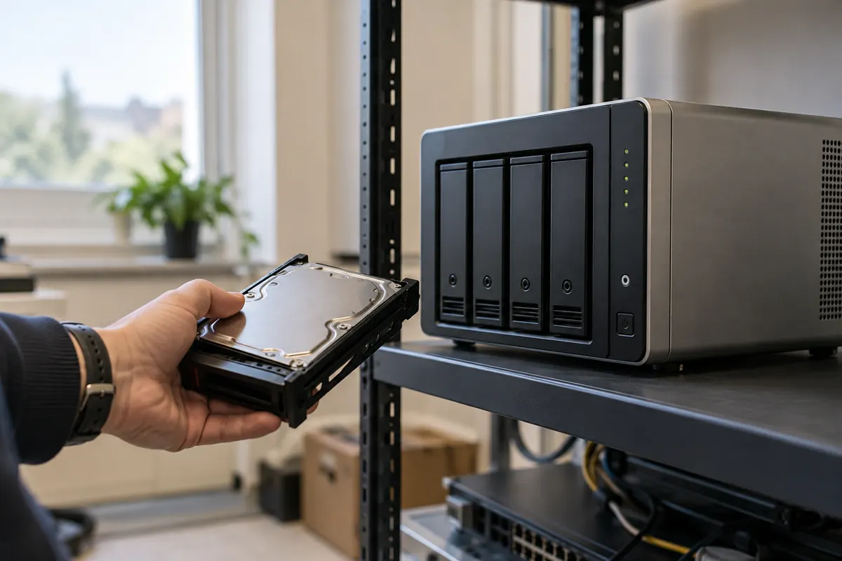 Server di backup compatto in un ambiente tecnico aziendale, con un disco di ricambio in primo piano