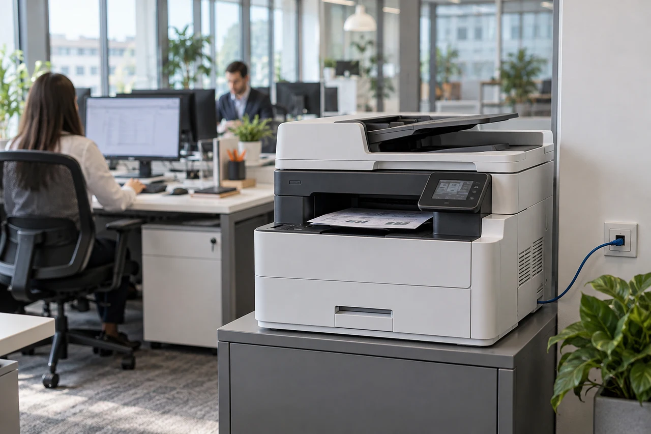 Stampante multifunzione collegata alla rete in un ufficio professionale con postazioni PC