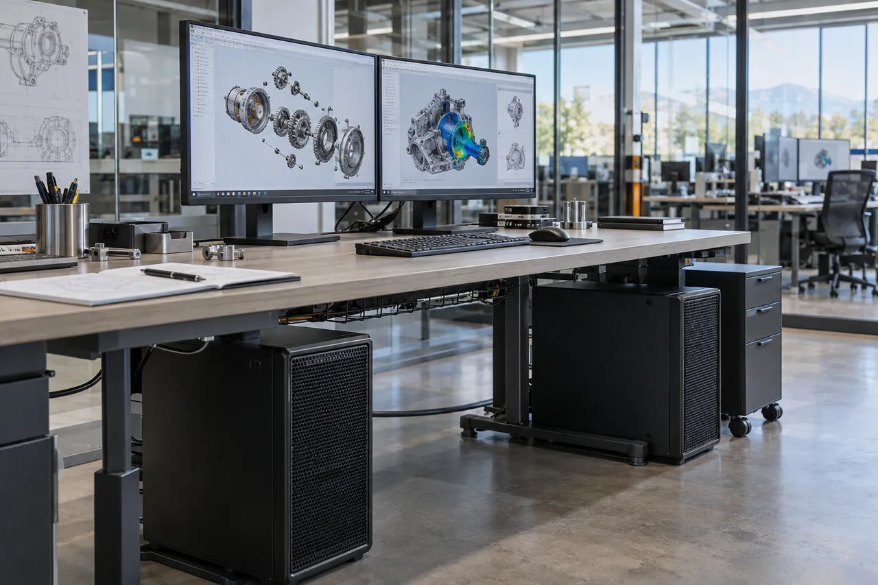 Workstation ad alte prestazioni con doppio monitor in un ufficio professionale