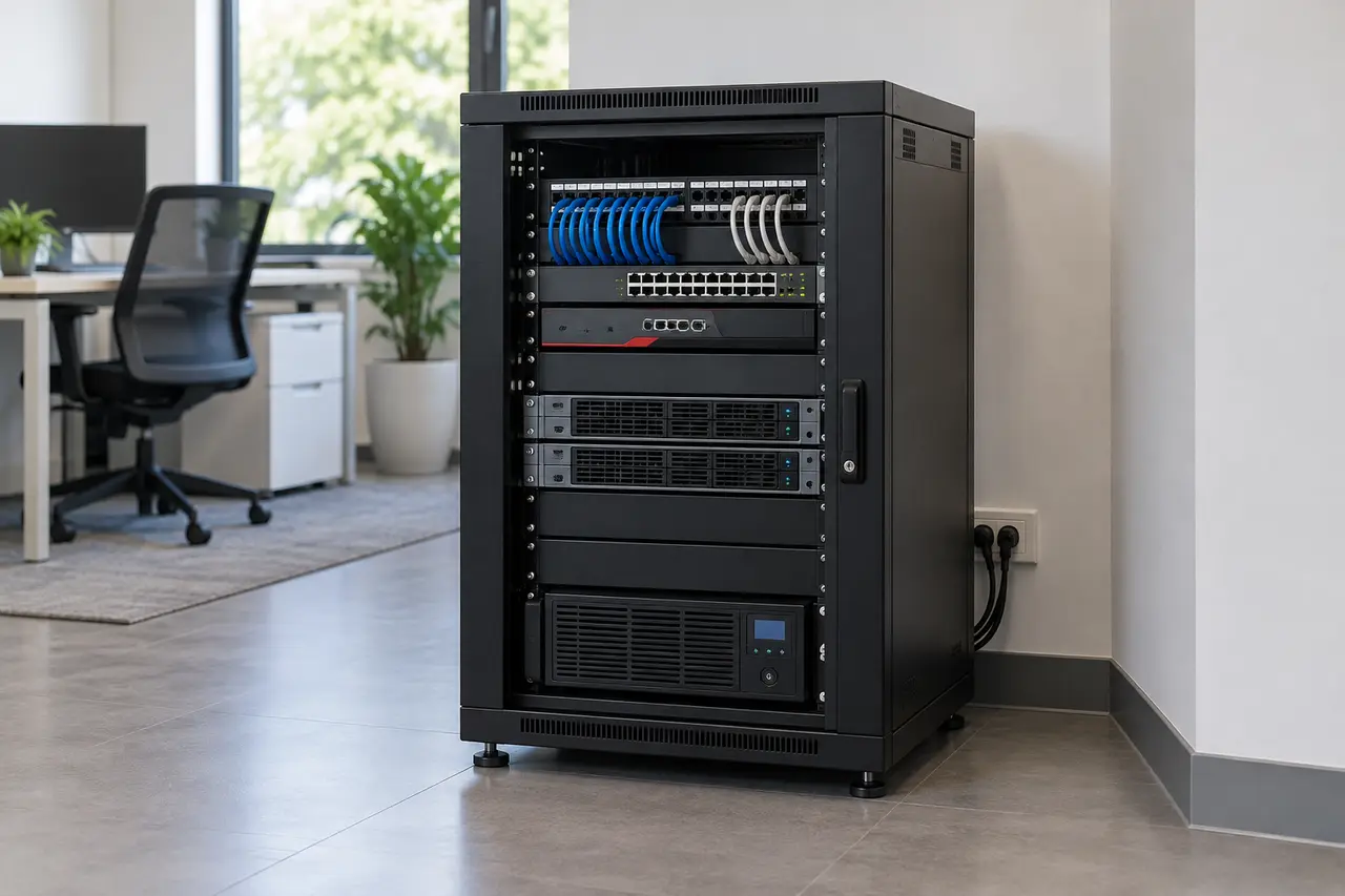Piccolo rack aziendale con server, apparati di rete e UPS