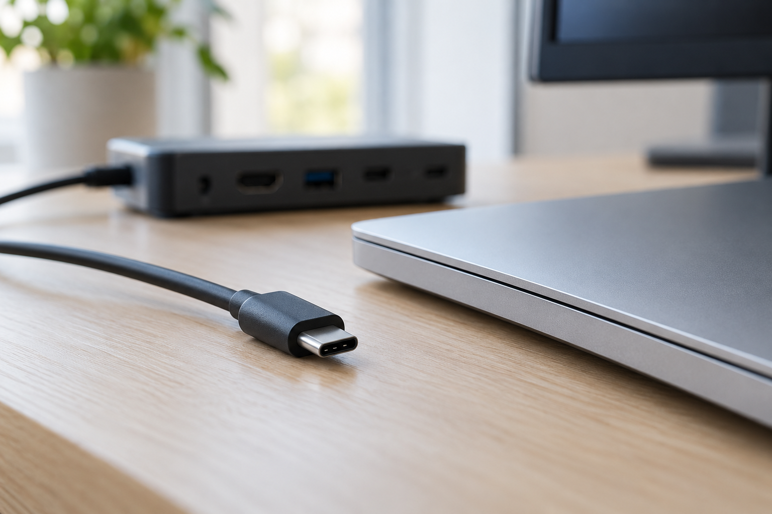 Connettore USB-C su una scrivania accanto a un notebook chiuso e a una docking station