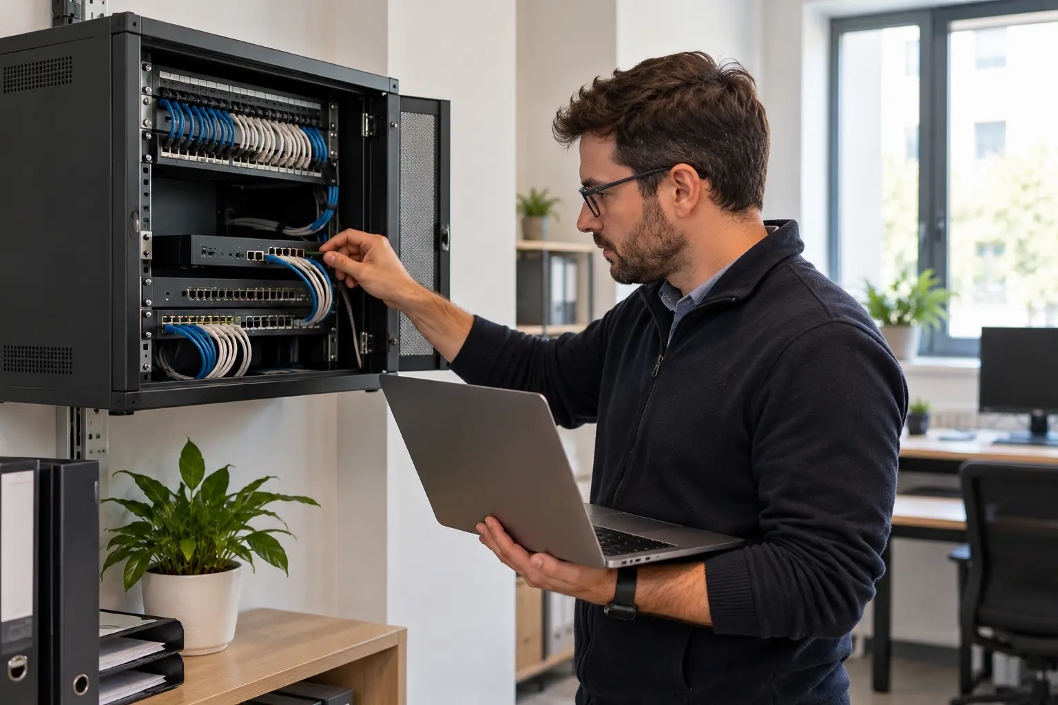 Tecnico che controlla un firewall compatto e i collegamenti di rete in un piccolo ufficio
