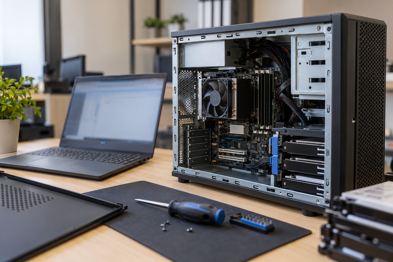 Server compatto aperto su un banco tecnico con portatile e attrezzi, in un ufficio luminoso