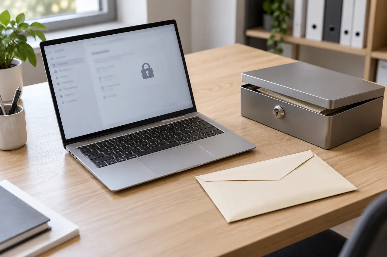 Portatile su una scrivania luminosa con busta per documenti e contenitore metallico per la custodia sicura