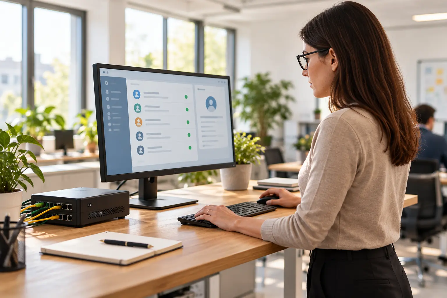 Amministratrice IT che controlla una directory utenti da una postazione di lavoro collegata a un dispositivo di rete