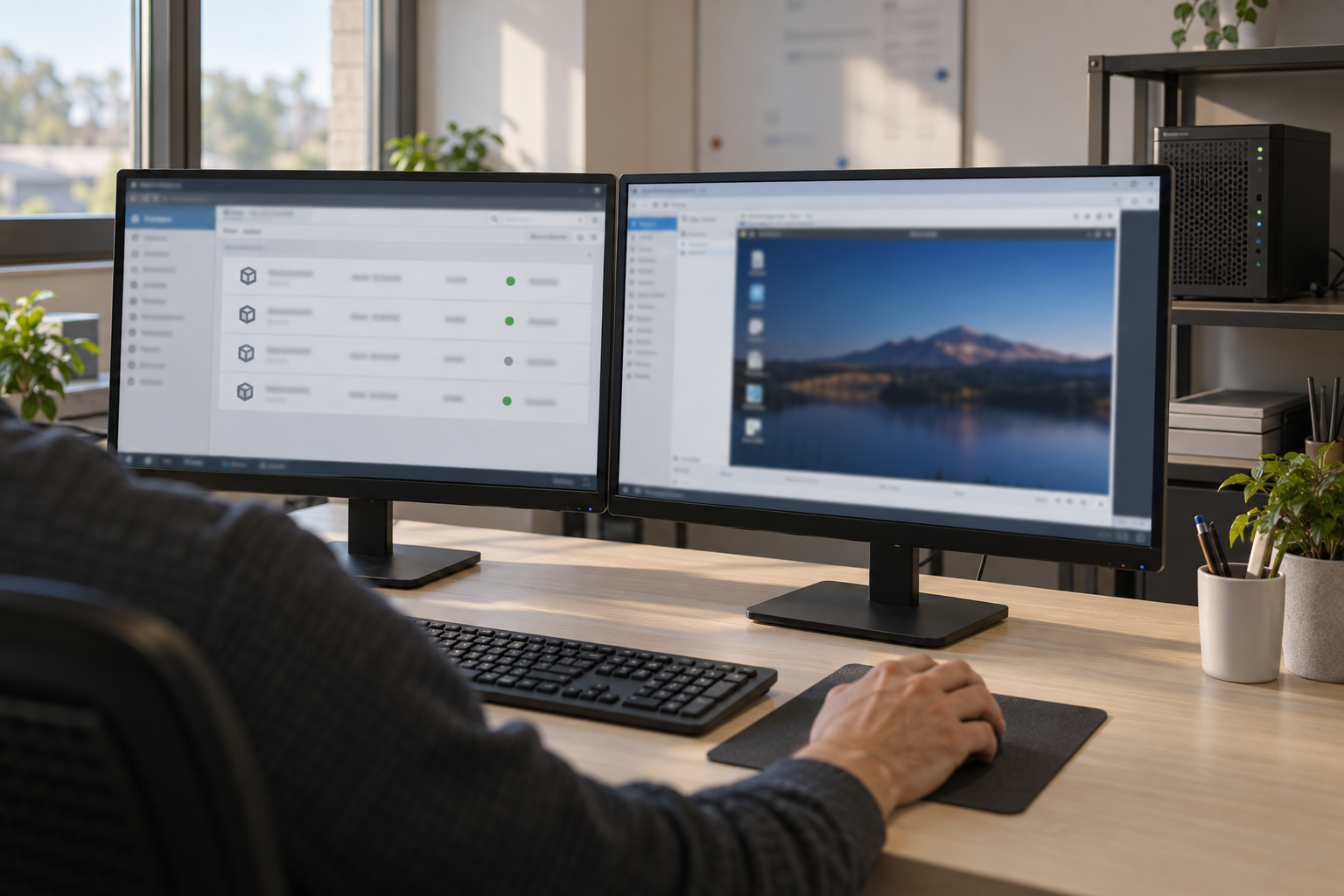 Tecnico davanti a due monitor che mostrano una console di virtualizzazione e il desktop di una macchina virtuale