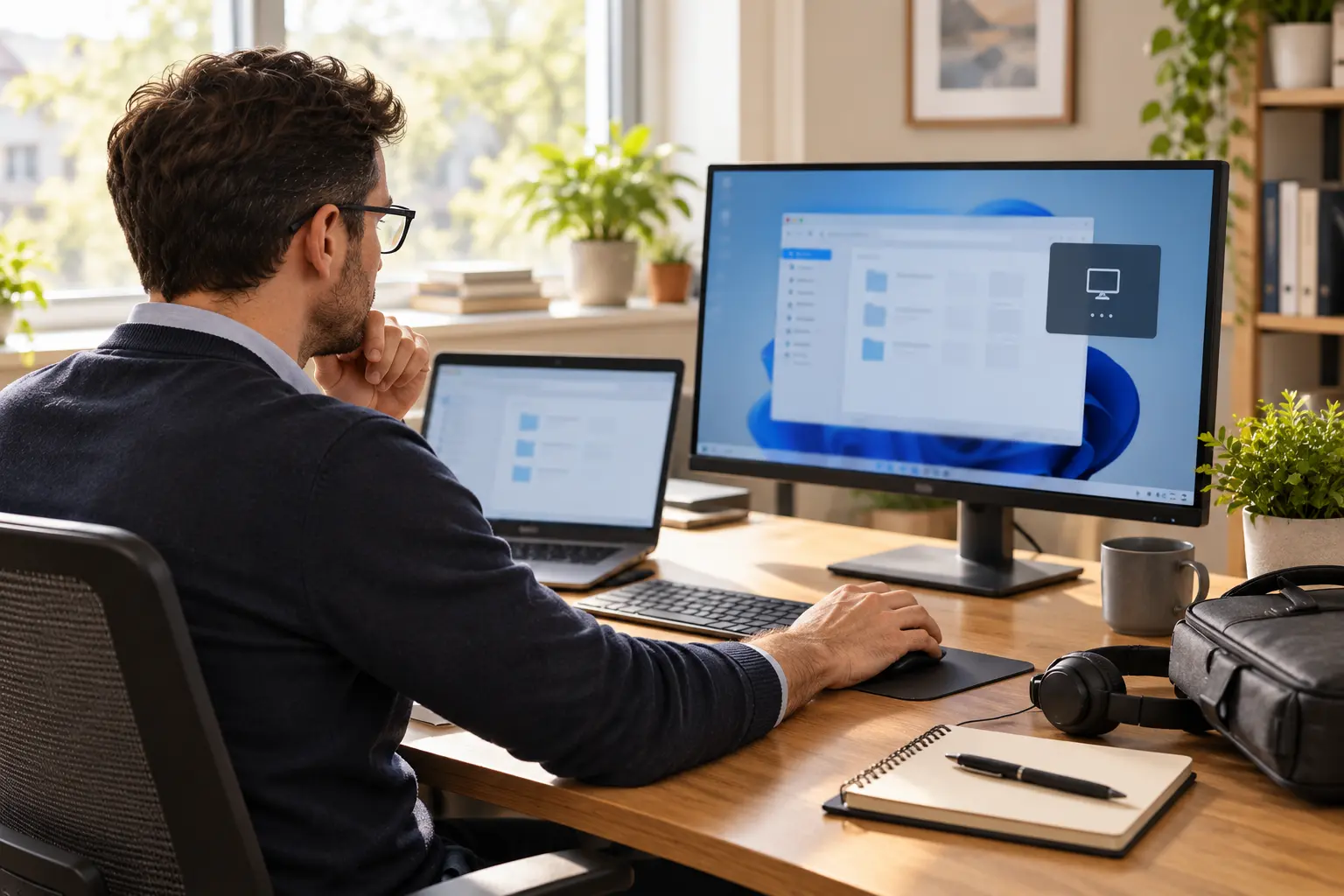Professionista che utilizza un portatile e un monitor esterno per una sessione remota da una postazione di lavoro