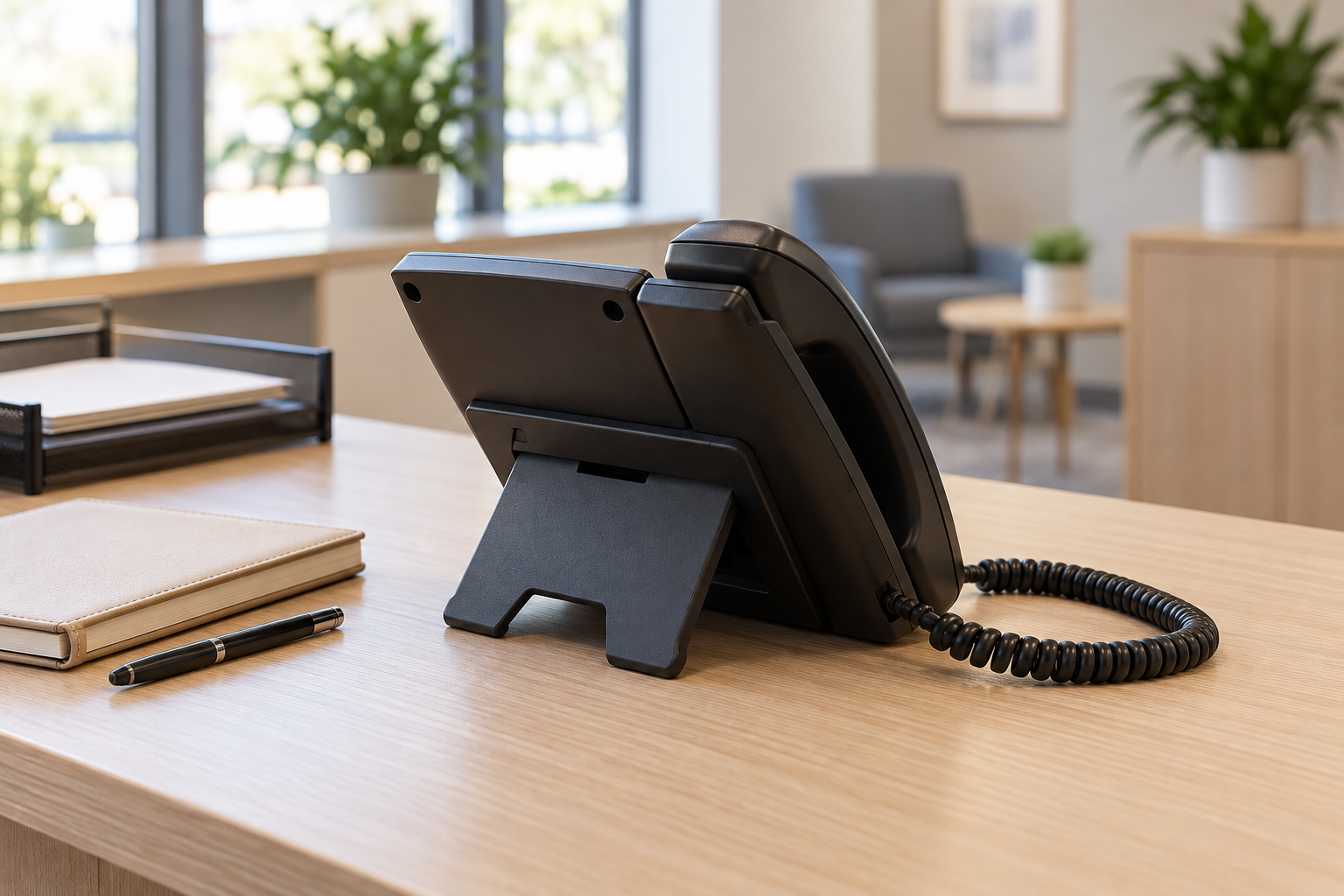 Telefono da ufficio visto dal retro su un banco reception, accanto a un’agenda e una penna