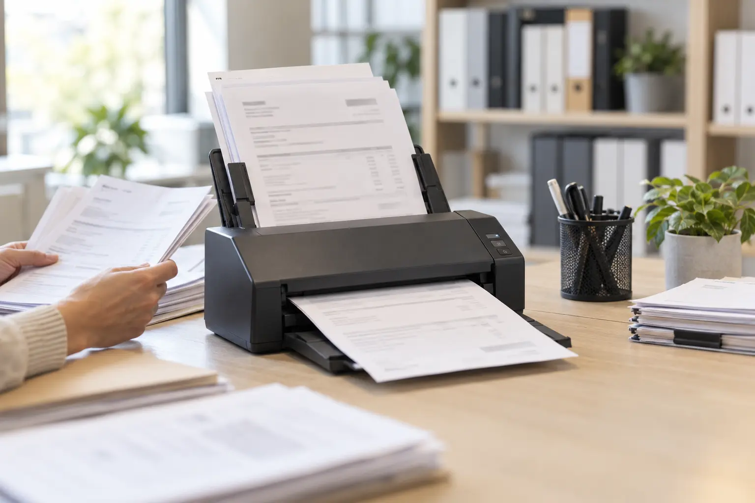 Scanner documentale compatto che acquisisce una pila di documenti in un ufficio luminoso