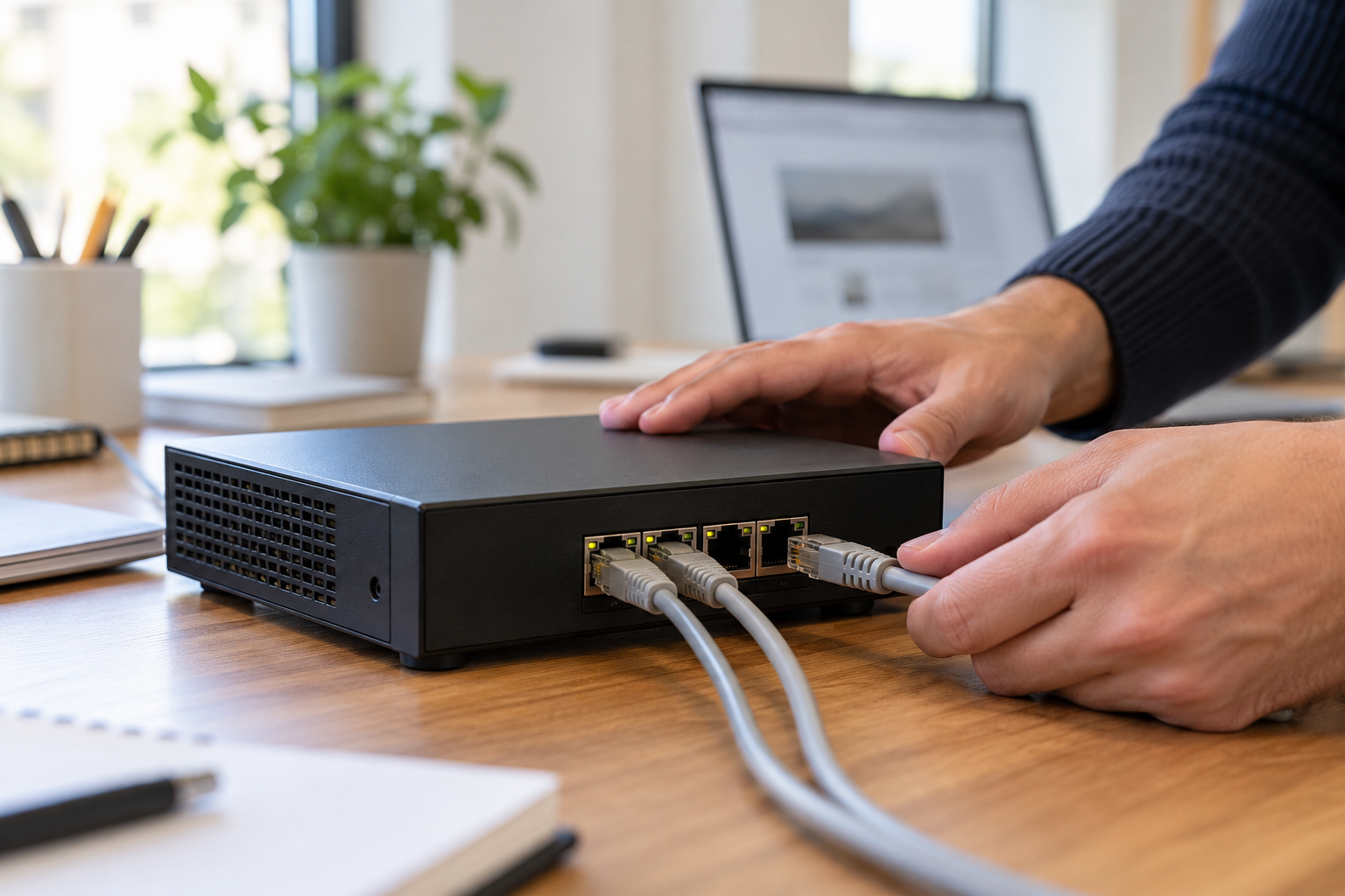Tecnico che collega un cavo di rete a un firewall compatto su una scrivania d’ufficio