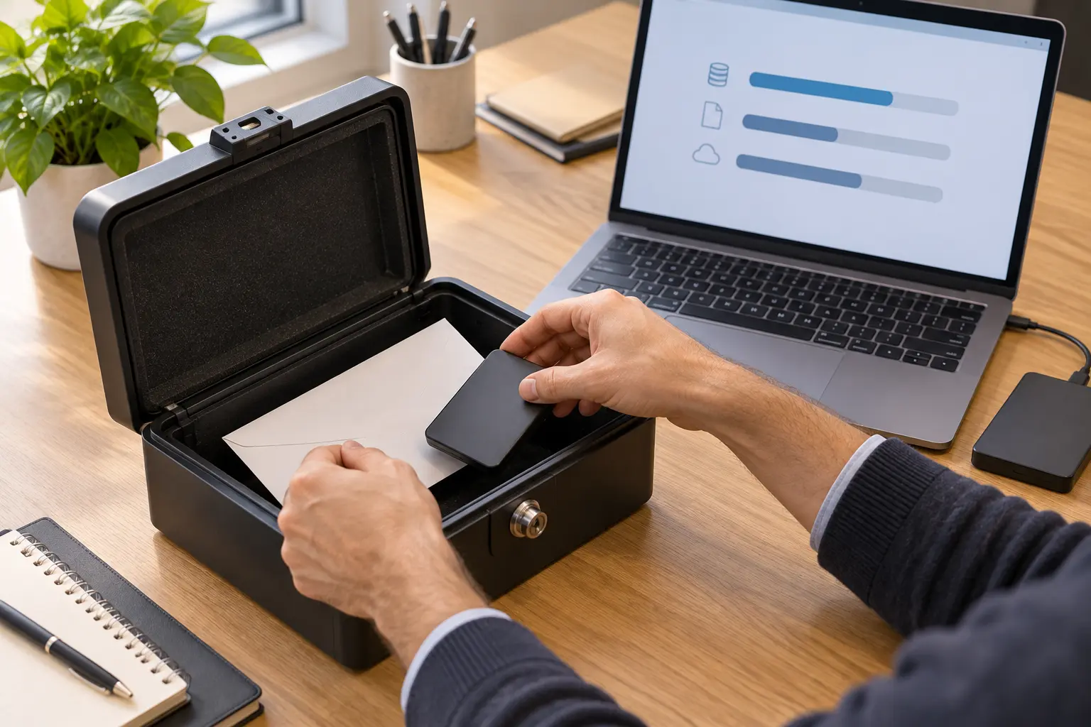 Amministratore IT che ripone un supporto offline e una busta sigillata in una cassetta di sicurezza accanto al sistema di backup