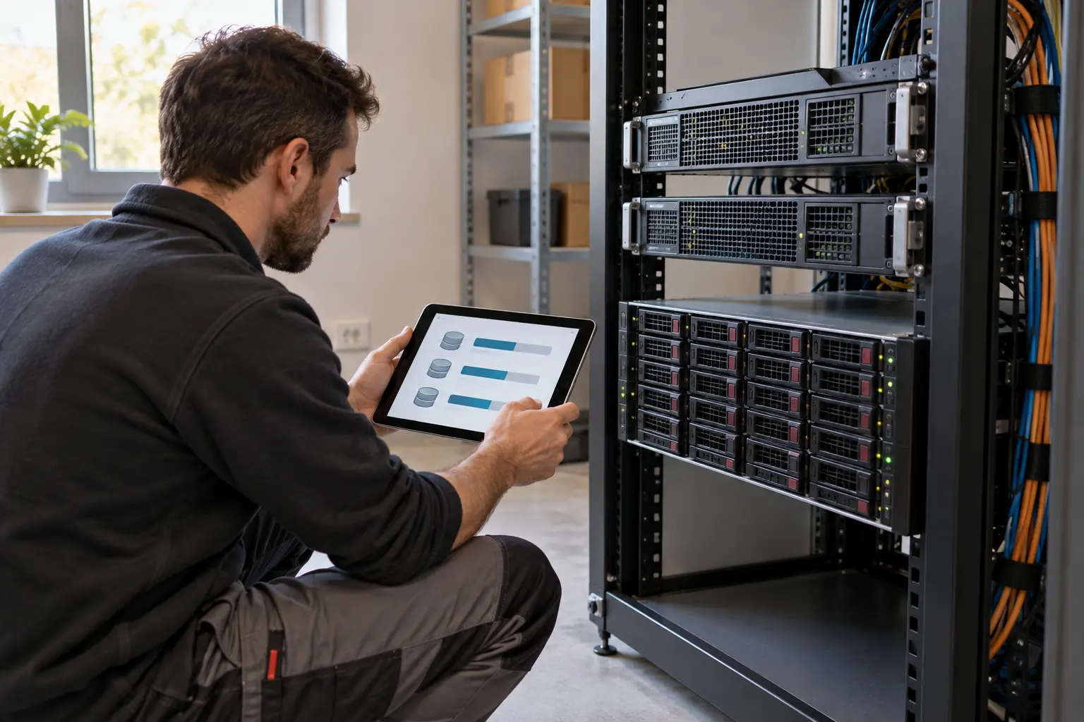 Tecnico che controlla l’utilizzo dello storage accanto a un piccolo rack di server aziendali